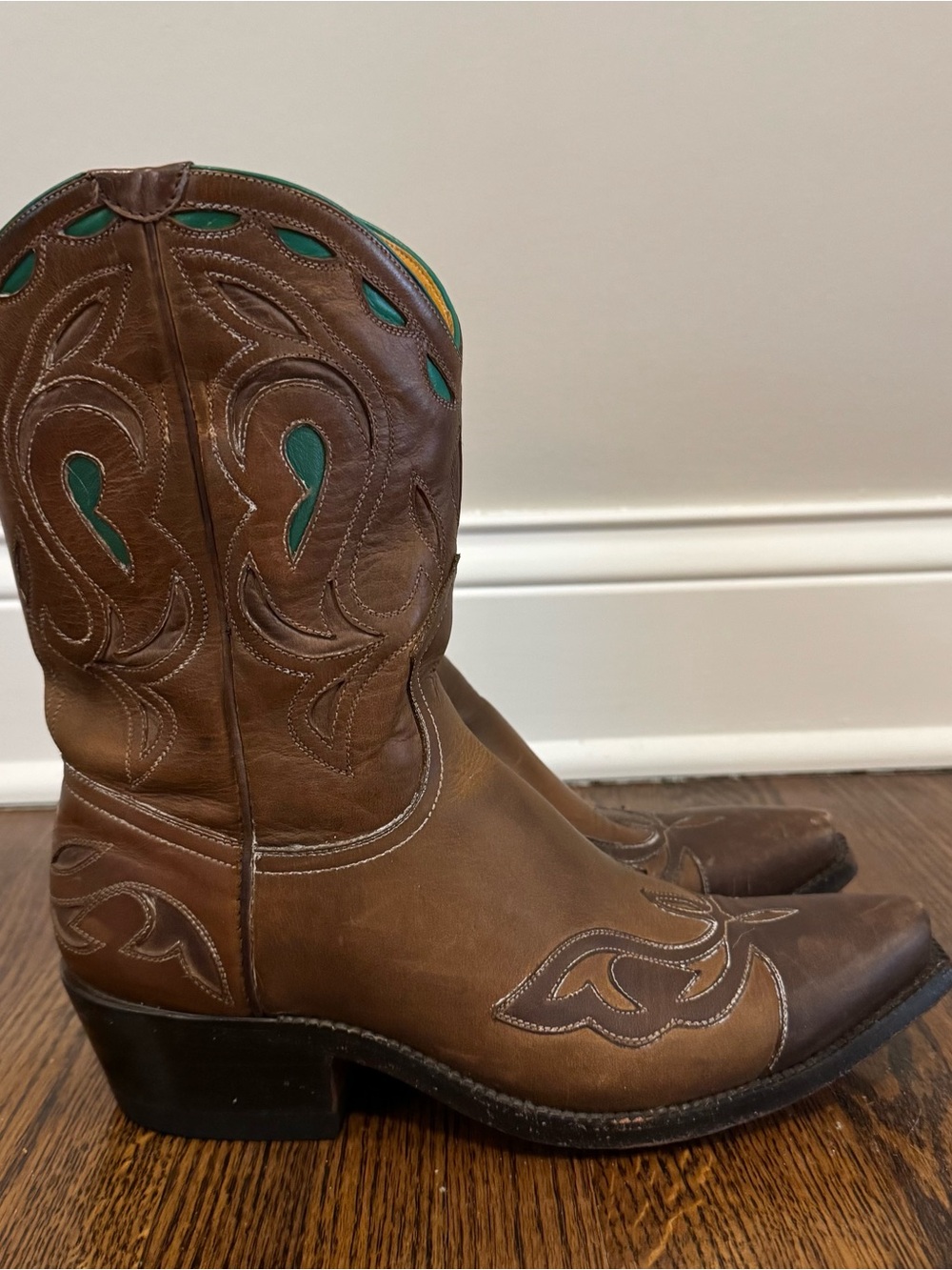 Sundance Brown Leather Western Heeled Boots with Teal Accents